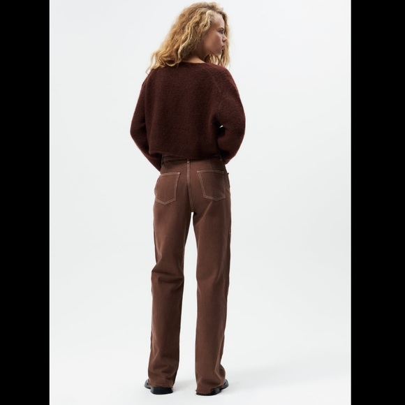 NWT ZARA WIDE LEG FULL LENGTH BROWN WAVY CURVY SIDE JEANS - Picture 4 of 10